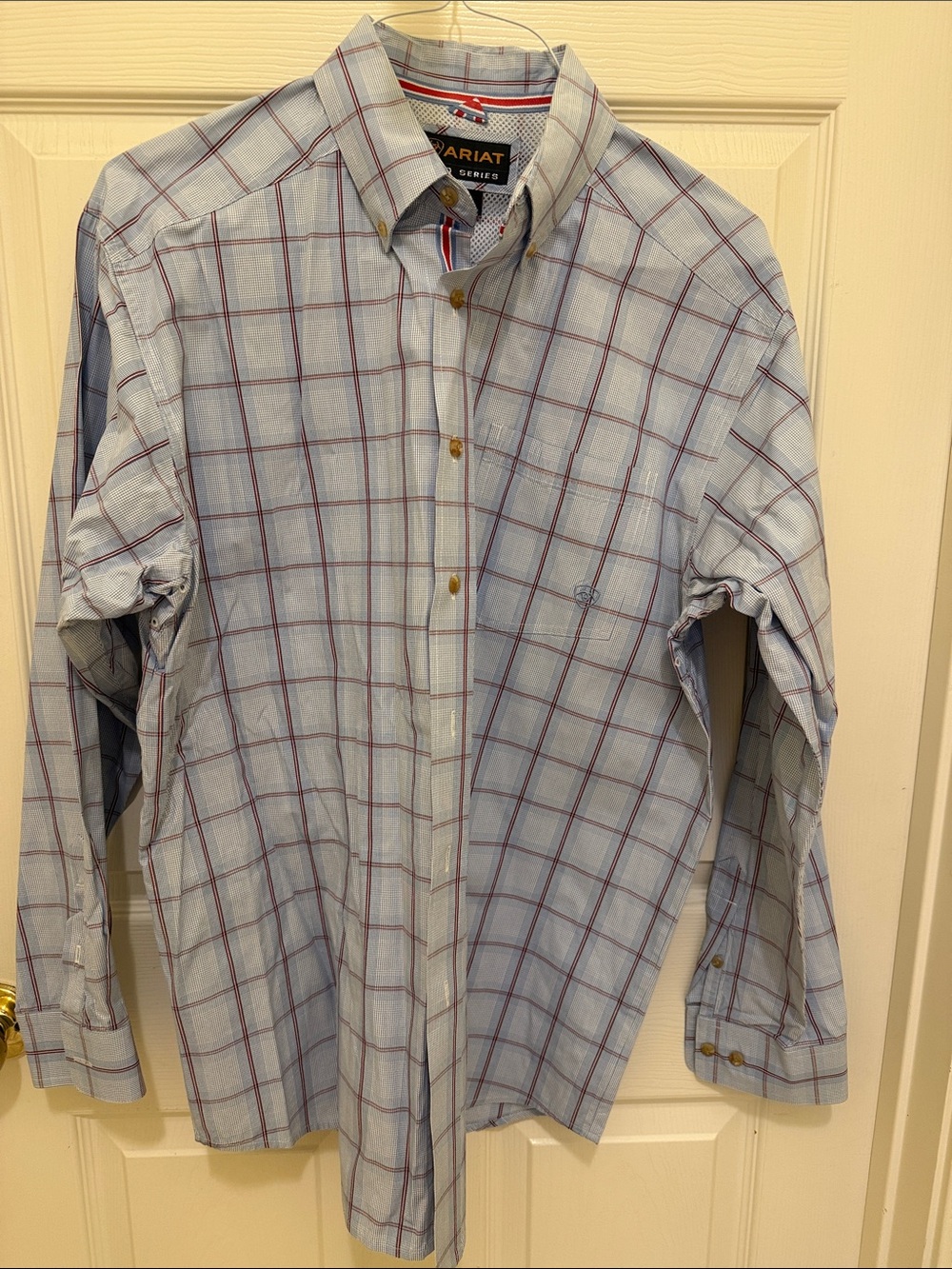 Ariat Light Blue Plaid Button-Up Shirt with Red Accents